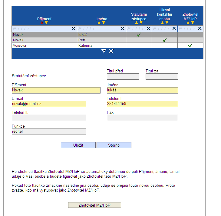 Zhotovitel MZ/HoP Po stisknutí tlačítka Zhotovitel MZ/HoP se automaticky dotáhnou do polí informace o osobě, která bude figurovat jako Zhotovitel této MZ/HoP.