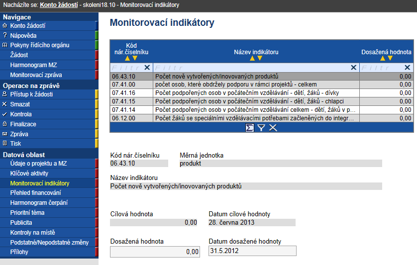 2.1.3 Monitorovací indikátory Tato záložka je needitovatelná a je automaticky kumulativně doplněna údaji ze záložky Klíčové aktivity-> podzáložka Indikátory klíčové aktivity.