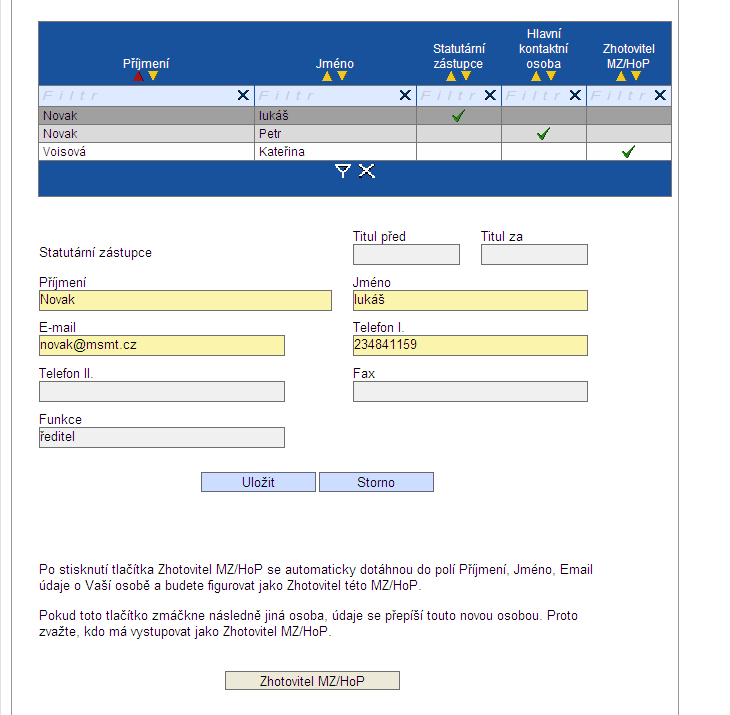 Zhotovitel MZ/HoP Po stisknutí tlačítka Zhotovitel MZ/HoP se automaticky dotáhnou do polí informace o osobě, která bude figurovat jako Zhotovitel této MZ/HoP.