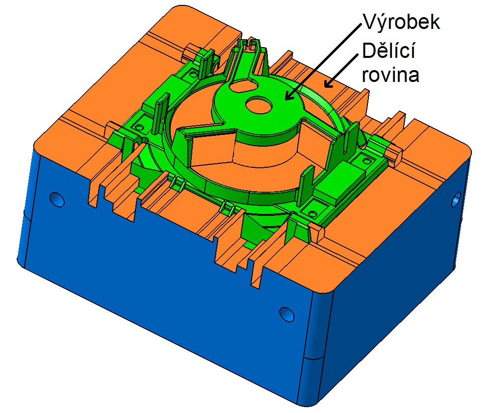 UTB ve Zlíně, Fakulta technologická 44 10.1 Dělící rovina Zadaný výrobek byl navržen tak, aby nebylo nutné použít posuvné tvárníky a šikmé kolíky.