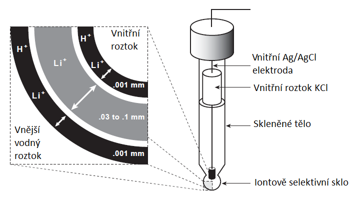 Obrázek 4 - Migrace iontů mezi vodným roztokem a ph senzitivním sklem, převzato z [4] Odpor těchto elektrod je nejčastěji 100 MΩ, ale může se pohybovat v rozmezí 20-800 MΩ.
