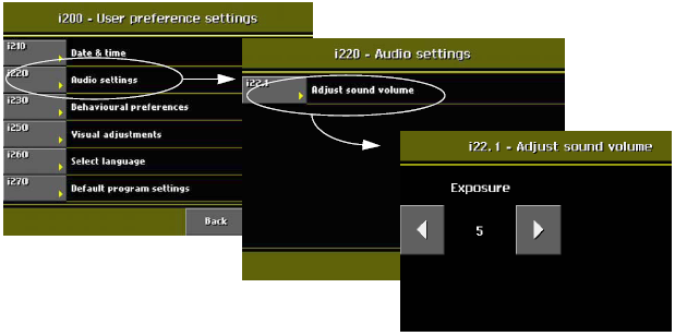 INFORMAČNÍ ZOBRAZENÍ Nastavení audio signálu (i220) Pro nastavení úrovně hlasitosti varovného signálu expozice vyberte Audio settings (i220) na displeji User preference settings.