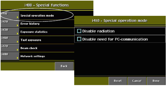 INFORMAČNÍ ZOBRAZENÍ Specielní pracovní mód (i410) Vyberte Special operation mode (i410) na displeji Special functions (i400). Zobrazí se následující displej.