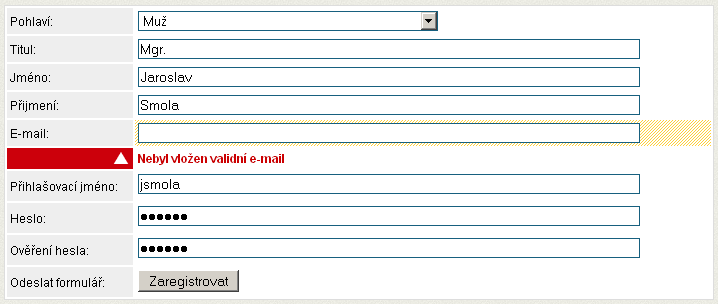 Grafické uživatelské rozhraní Registrační formulář