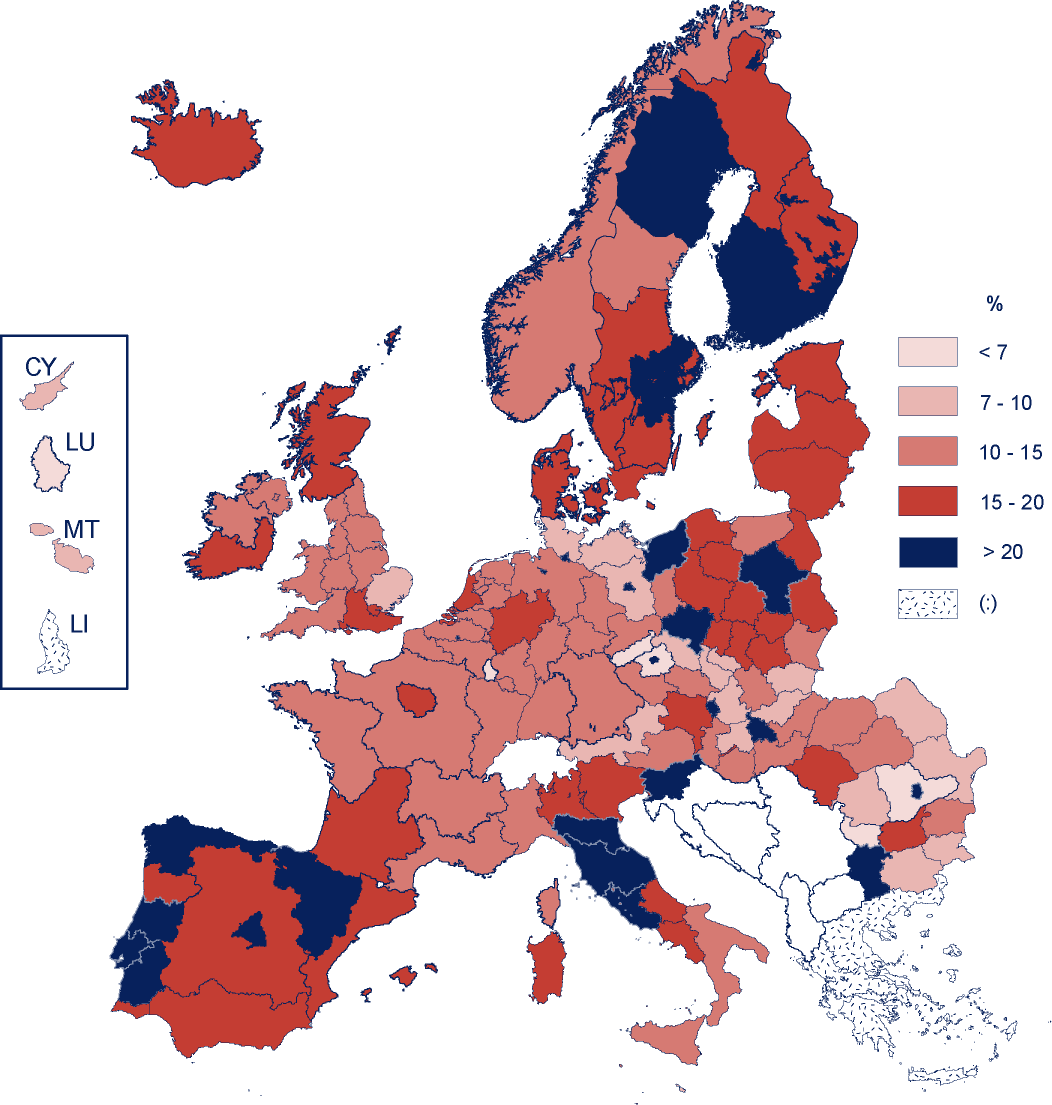 ÚČAST NA VZDĚLÁVÁNÍ Obr. C15a: Účastníci terciárního vzdělávání (ISCED 5 a 6) vyjádření procentním podílem všech žáků a studentů podle regionů NUTS, 2001/02 Zdroj: Eurostat, UOE.