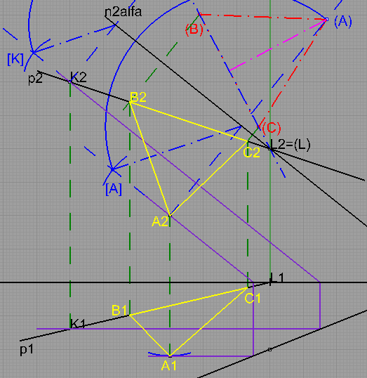 V otočení sestrojíme rovnostranný trojúhelník (A)(B)(C): Za pomoci osové afinity získáme body B2 a C2.