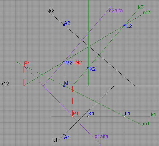 Příklad 2 (str. 49/18): Bodem A[20,40,50] veďte přímku k kolmou na rovinu alfa(k,l,m), jestliže K[0,25,15], L[-30,25,50], M[20,0,20].