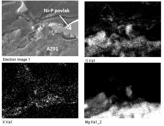 Obrázek 26: Prvková analýza zoxidované vrstvy na vzorku B10; elektronová rastrovací mikroskopie s EDS detektorem Obrázek 27: Mapování