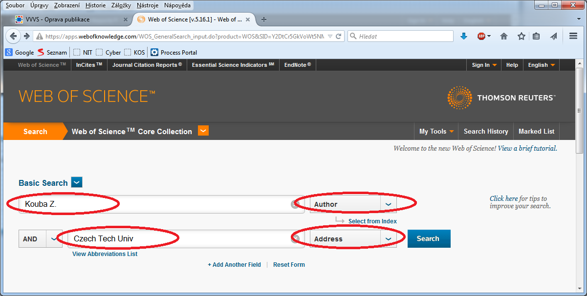 - Hledám ve WoS jaké články tam jsou uloženy podle jména autora a adresy instituce - Autor: Novák P.