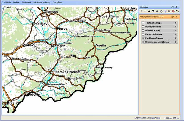 GSWEB Nápověda 1. Mapové okno Pohyb v mapovém okně Výběr v mapovém okně 2. Ovládací panel a panel vrstev Panel Ovládání Panel Vrstvy 3.