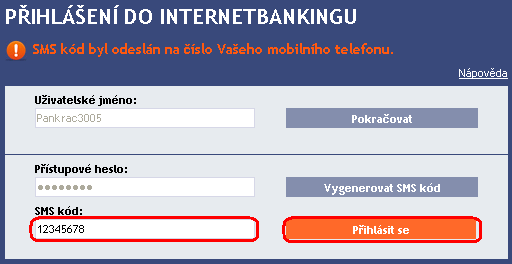 C. Přihlášení prostřednictvím SMS kódu Do pole Přístupové heslo zadejte Přístupové heslo do IB. Po správném zadání klikněte na tlačítko Vygenerovat SMS kód.