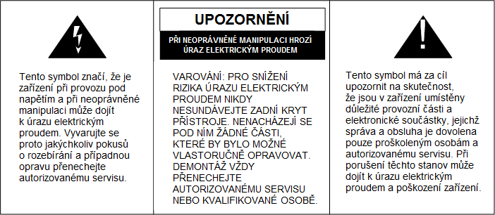 BEZPEČNÉ ZACHÁZENÍ UPOZORNĚNÍ TENTO PŘÍSTROJ OBSAHUJE ELEKTRICKÉ SOUČÁSTKY, NEVYSTAVUJTE JEJ PROTO DEŠTI A NEPOUŢÍVEJTE JEJ VE VLHKÝCH PROSTORÁCH.