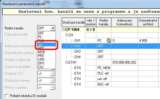 Poté je třeba zvolit režim kanálu UNI, což se provede pomocí rozbalovacího menu jak ukazuje následující obrázek. CH2.