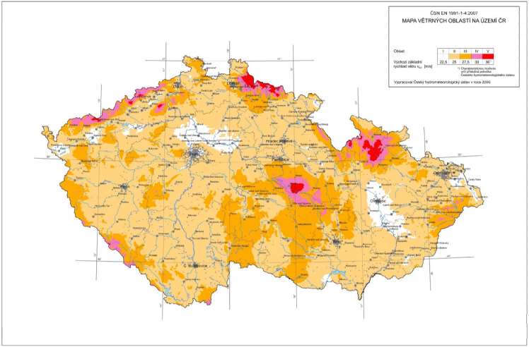 Podklad výpočtu Větrné zóny v ČR Zone IV Zone III Zone II Zone I source: ČSN EN 1991-1-4 Větrná oblast 1: Výchozí základní rychlost větru 22,5 m/s Větrná oblast 2: Výchozí základní rychlost větru