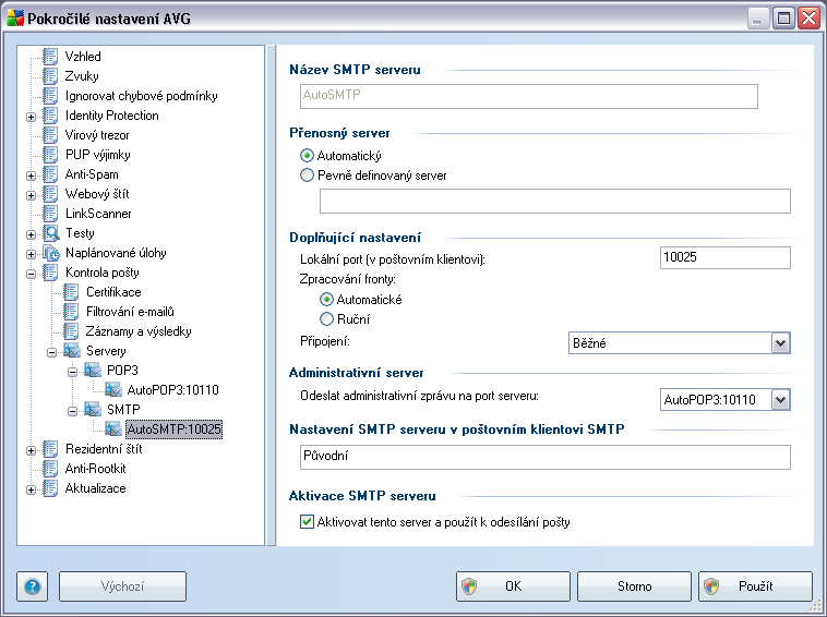 V tomto dialogu (odkaz Servery / SMTP) nastavujete server Kontroly pošty s protokolem SMTP pro odchozí poštu: Název SMTP serveru - zvolte jméno serveru nebo ponechejte přednastavený název AutoSMTP