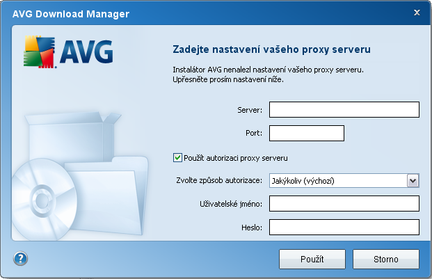 4.3. Nastavení proxy Pokud AVG Download Manager nedokázal identifikovat nastavení proxy serveru automaticky, je třeba je nastavit manuálně.