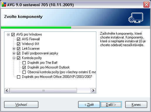 5.7. Uživatelská instalace - Zvolte komponenty V dialogu Zvolte komponenty je zobrazen přehled komponent AVG 9 Anti-Virus plus Firewall, které můžete nainstalovat.