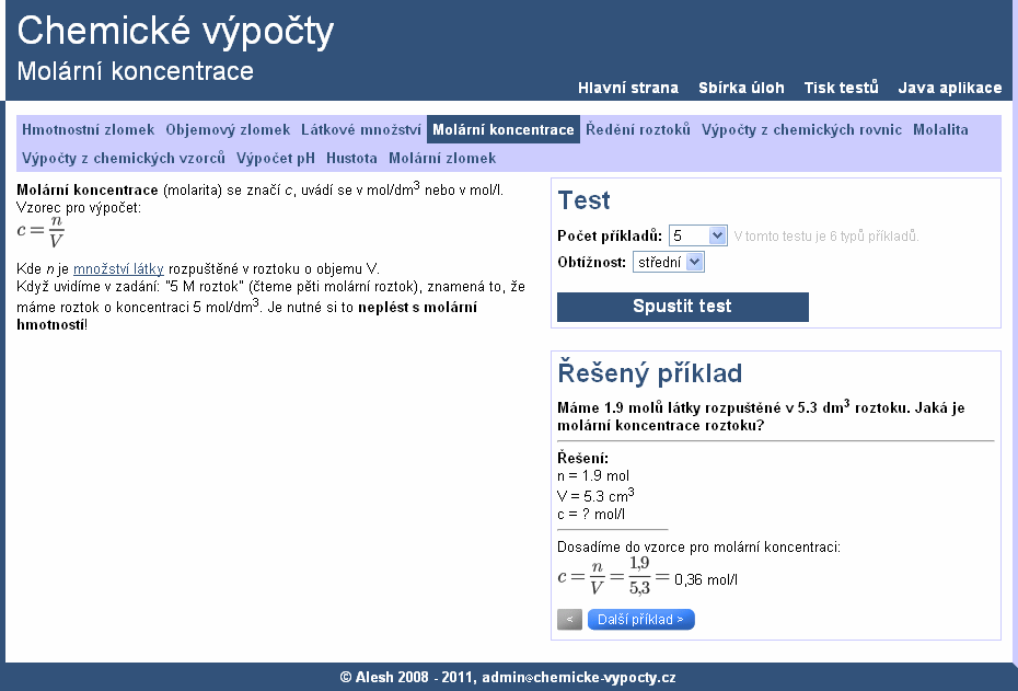 1 Webové stránky Při zadání adresy http://chemicke-vypocty.cz se nám v prohlížeči zobrazí hlavní část projektu, což jsou webové stránky.