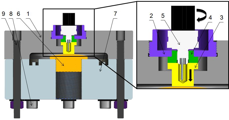 Po tomto kroku je přípravek připraven k použití. Do pouzdra 2 je šroubován senzor (5), který dosedá na pouzdro 1 v těsnící geometrii. Pouzdro 1 následně tlačí na měřící čočku (6) siloměru (7).