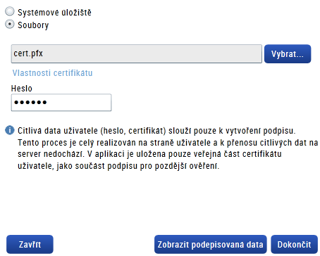 prostřednictvím elektronického podpisu dojde k podepsání žádosti o podporu.