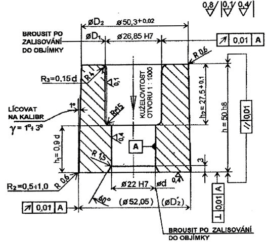 Teplota tváření C Uložení průměru vyhazovače 0 H7/f7 00 až 400 H8/f8 400 až 700 H8/e9 700 a víc H8/e9 tab..: vliv teploty na uložení vyhazovače [3] obr.