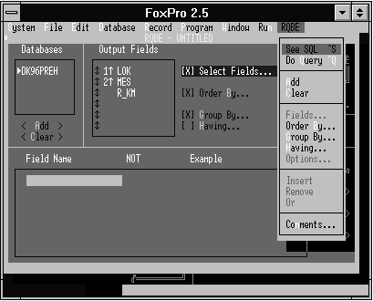 Aplikace počítačů v provozu vozidel 19 Obr. 2.18: Návrh dotazu QBE v prostředí FOXPRO 2.5 