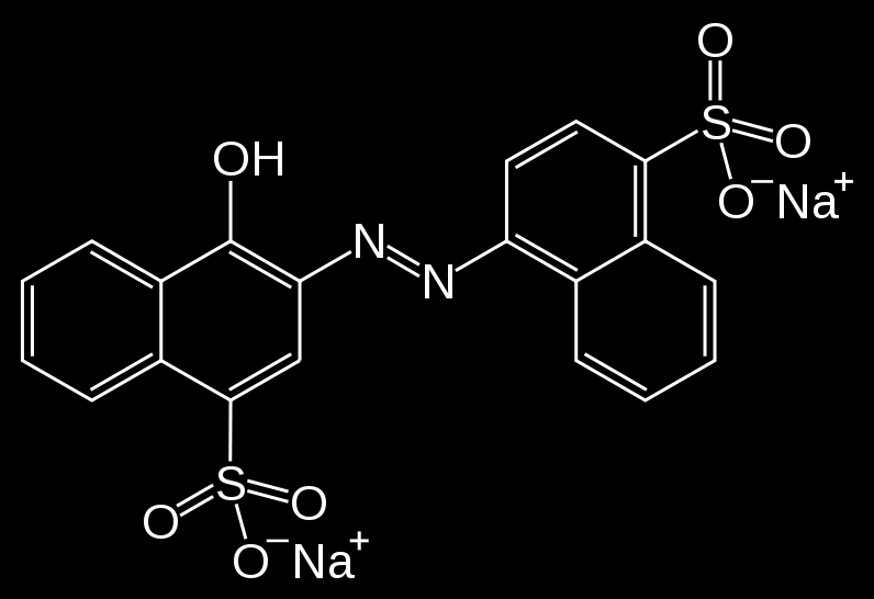 Azorubin červené azobarvivo používá se jako aditivum v potravinářství pod kódem E122 (jahodové pudingy, želé, malinové