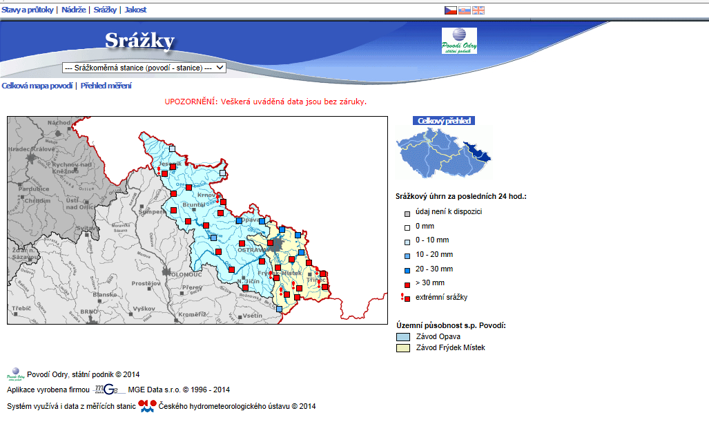 Obr. 5.1.3 Ukázka internetové stránky s údaji o srážkách v povodí Odry Zdroj: http://voda.gov.