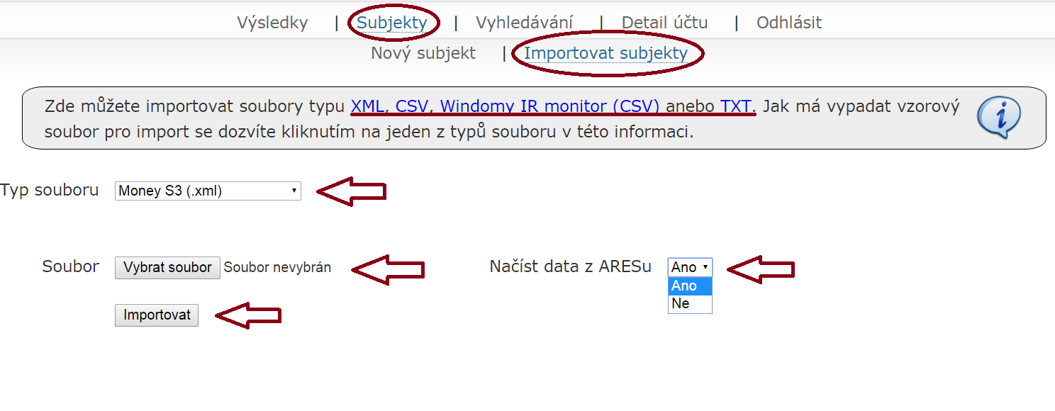 s tím, že by měl uvést alespoň IČ právnické osoby. Z roletky vybere Načíst z ARES Ne a klikne na tlačítko Uložit. V odkazu Subjekty se zobrazí nově zadaný subjekt. 4.