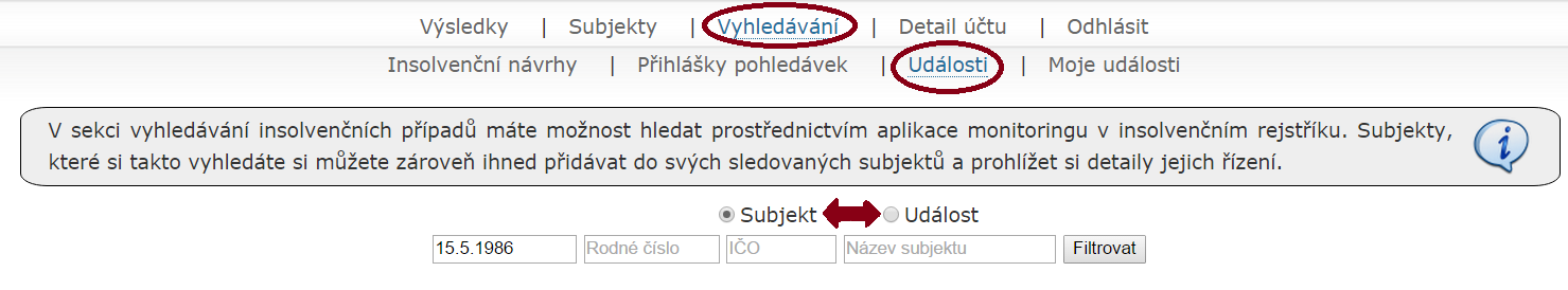 V kategorii Událost můžeme využít filtrování podle spisové značky, volbou rozmezí období nebo typu