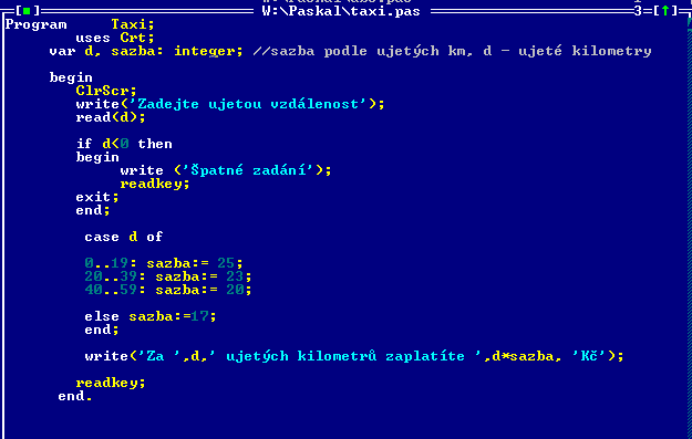 Napište program, který ze zadané ujeté vzdálenosti vypočte platbu taxikáři, jestliže má stanoveny následující