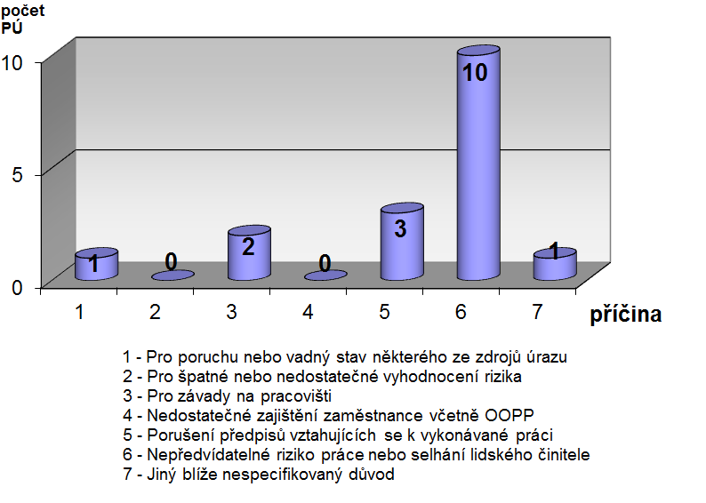 UTB ve Zlíně, Fakulta aplikované informatiky, 2013 84 5.2.1 Grafy a) Příčiny vzniku pracovních úrazů Zde můžeme vyčíst příčiny pracovních úrazů v sedmi kategoriích, které jsou popsány v legendě pod grafem.