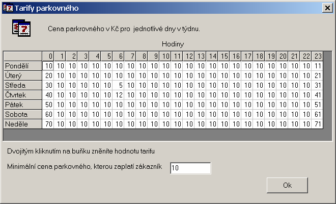 8. Tarify Cena parkovného se stanovuje podle tarifu. Tarif lze definovat pro každou hodinu jednotlivého dne v týdnu.