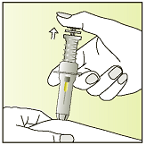 6. Injekční stříkačku dále držte namířenou vzhůru Ochranu jehly odstraňte přímým tahem a vyhoďte ji S jehlou ZACHÁZEJTE OPATRNĚ. Podání injekce 7.