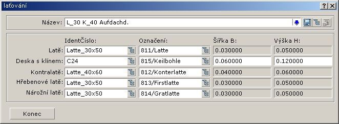 1.12.3 Nastavení laťování V nastavení laťování budou zadány rozměry laťování a popis laťování pro jednotlivé druhy laťování.