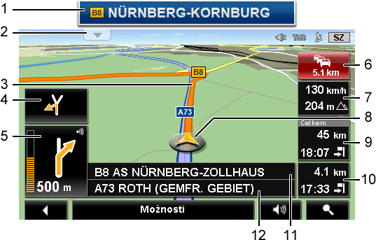 Klepněte na (Hledat cíl) pro otevření mapy v režimu Hledat cíl (viz "Mapa v režimu Hledat cíl", str. 47). 8.