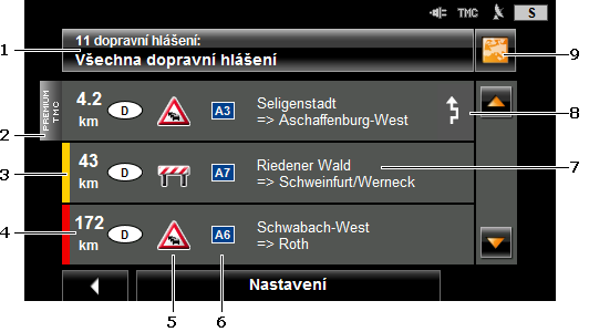 9.10.2 Zobrazení dopravního zpravodajství Aktuálně platné dopravní informace jsou dostupné přes volby mnoha oken. V okně NAVIGACE klepněte na Možnosti > Doprava. Otevře se okno DOPRAVNÍ HLÁŠENÍ.