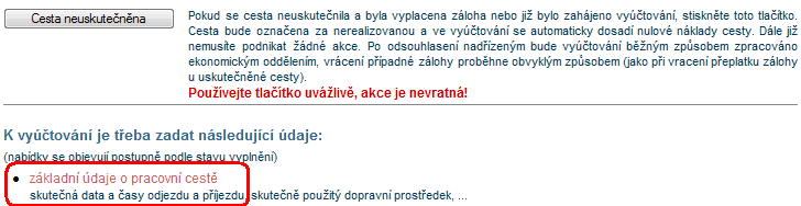 Jinak začněte vyplňovat údaje potřebné pro vyúčtování pracovní cesty kliknutím na odkaz Základní