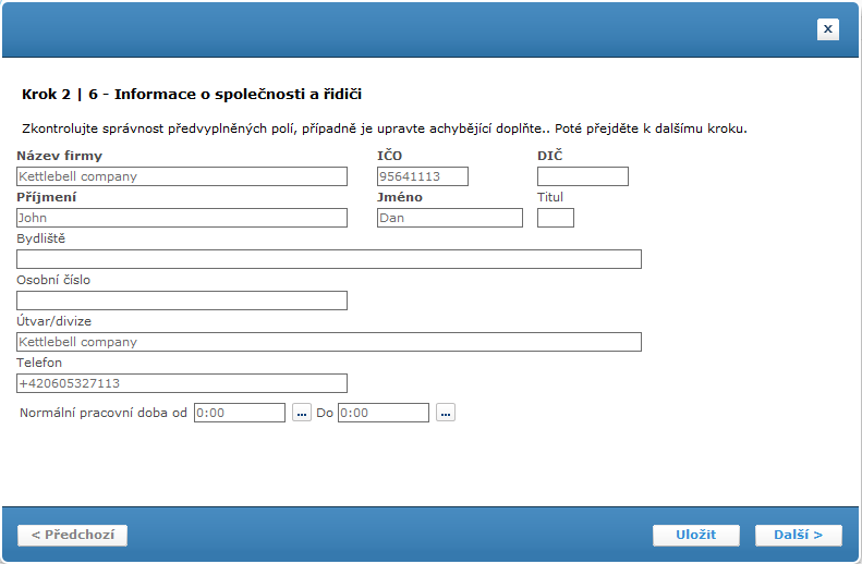 Krok 2/6 Informace o společnosti a řidiči Většina informací v tomto kroku bude předvyplněna dle profilu uživatele a dat načtených o firmě.