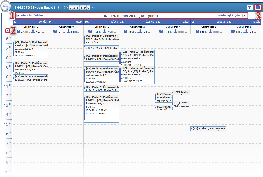 Kalendářový výpis tras Trasy zvolené jednotky je možné zobrazit také ve formě týdenního kalendářového přehledu.