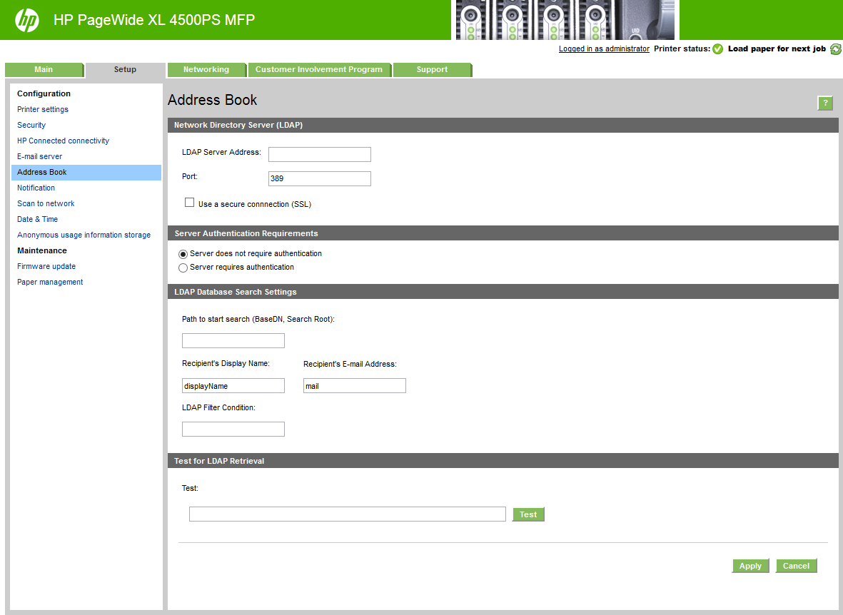 4. Vyberte možnost Enable network contacts (use LDAP server) (Povolit síťové kontakty (použít server LDAP)). 5. Stisknutím tlačítka Add (Přidat) přejděte ke konfigurační stránce LDAP. 6.
