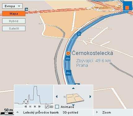 Obrázek 26: Ukázka leteckého průvodce trasou (2D a 3D) Další možností měnící pohled na mapu je funkce 3D-pohled, která za pomoci