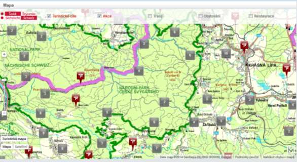 3. Zobrazovací funkce systému Interaktivní mapa nabízí zobrazení následujících kategorií: Turistické cíle, Akce Trasy v regionu Systém umožňuje filtraci výběru lze filtrovat i více kategorií zároveň.