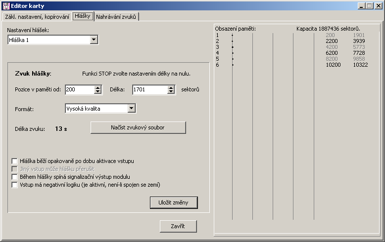 3.1.2. Nastavení hlášky Okno nastavení umožňuje v kartě Hlášky nastavit parametry uložených hlášek v modulu HLM-300.