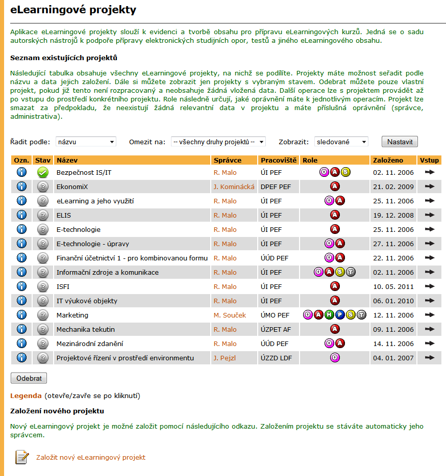 2 elearningové projekty Aplikace elearningové projekty slouží k evidenci a tvorbě obsahu elearningových kurzů, zahrnuje sadu autorských nástrojů k přípravě elektronických studijních opor, testů a