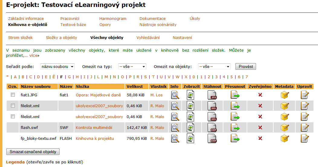 3 KNIHOVNA E-OBJEKTŮ Obrázek 29 Příklad e-objektů vložených do projektové knihovny e-objektů ovlivnit filtrem umístěným nad tabulkou.