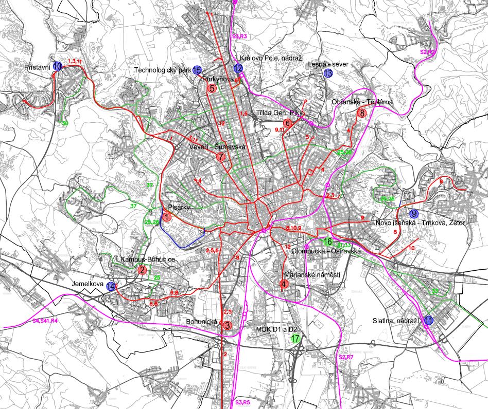 Obrázek 20 Poloha lokalit P+R na území města (Zdroj: Studie technického