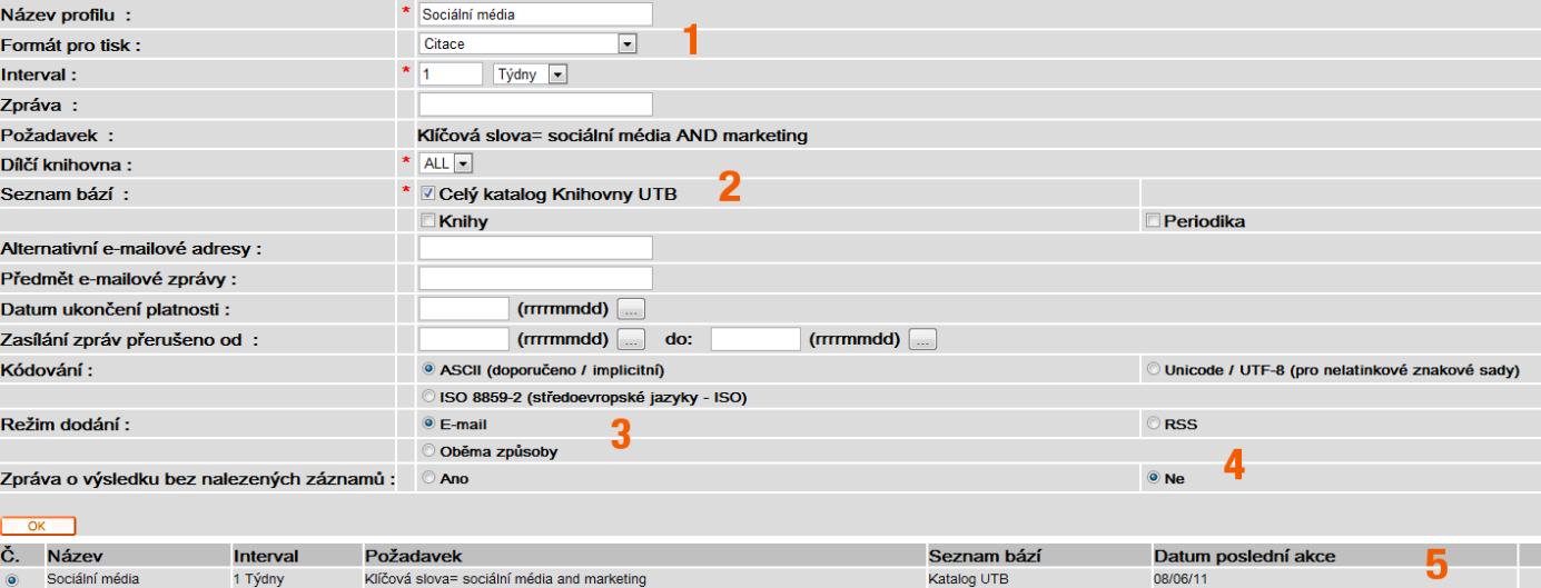 11. Jak si nastavit novinkový servis? Novinkový servis (nebo také SDI = Selective Dissemination of Information) je služba automatického zasílání novinek ve fondu knihovny na vaši emailovou adresu.