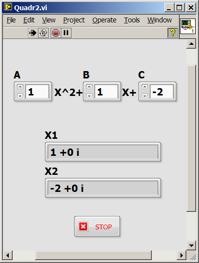 LabVIEW úkoly Příklad 2: Naprogramujte řešení kvadratické rovnice FP palety - numeric : sčítání, odčítání, dělení, negace, přetypování na