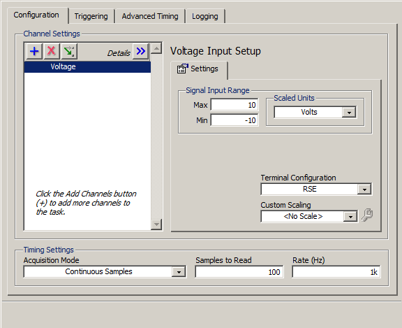 LabVIEW úkoly Příklad 3: sběr dat z tenzometrického měření c) nastavíme detaily měření napětí - Range: ±10V - Terminal: RSE (diferenciální odečtení a zesílení dělá předzesilovač